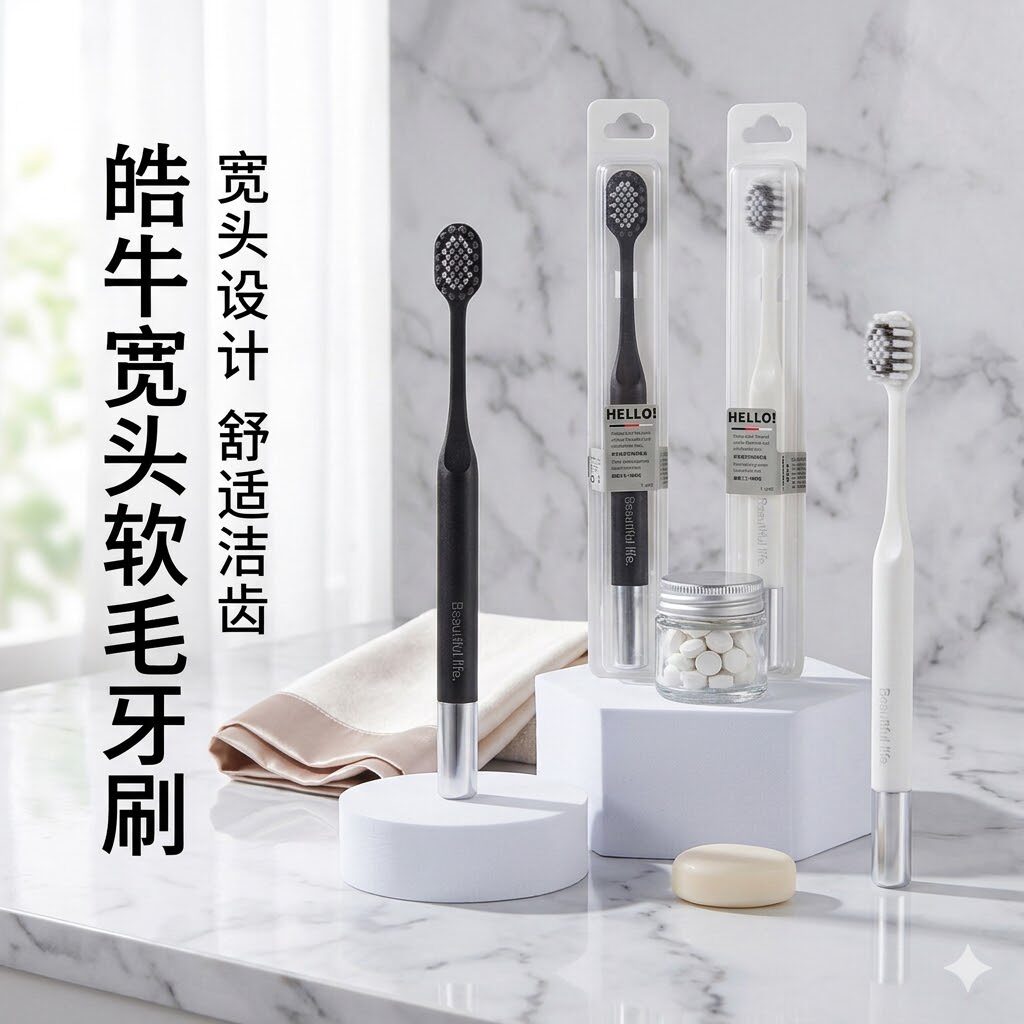 皓牛宽头牙刷软毛细毛家用球面镀银软毛牙刷宽圆头独立包装牙刷