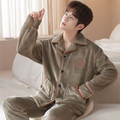 男士冬季加厚睡衣中青年法兰绒套装家居服加绒开衫大码保暖