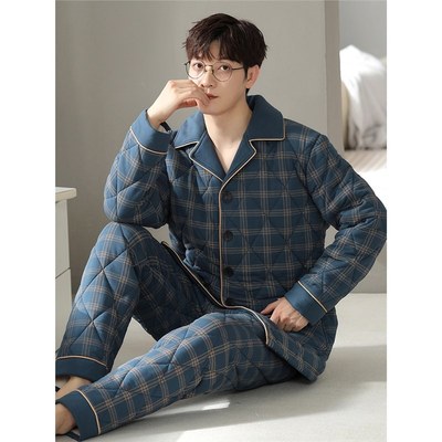 北极绒三层加厚纯棉睡衣男士2024年新款冬季夹棉袄男生家居服套装