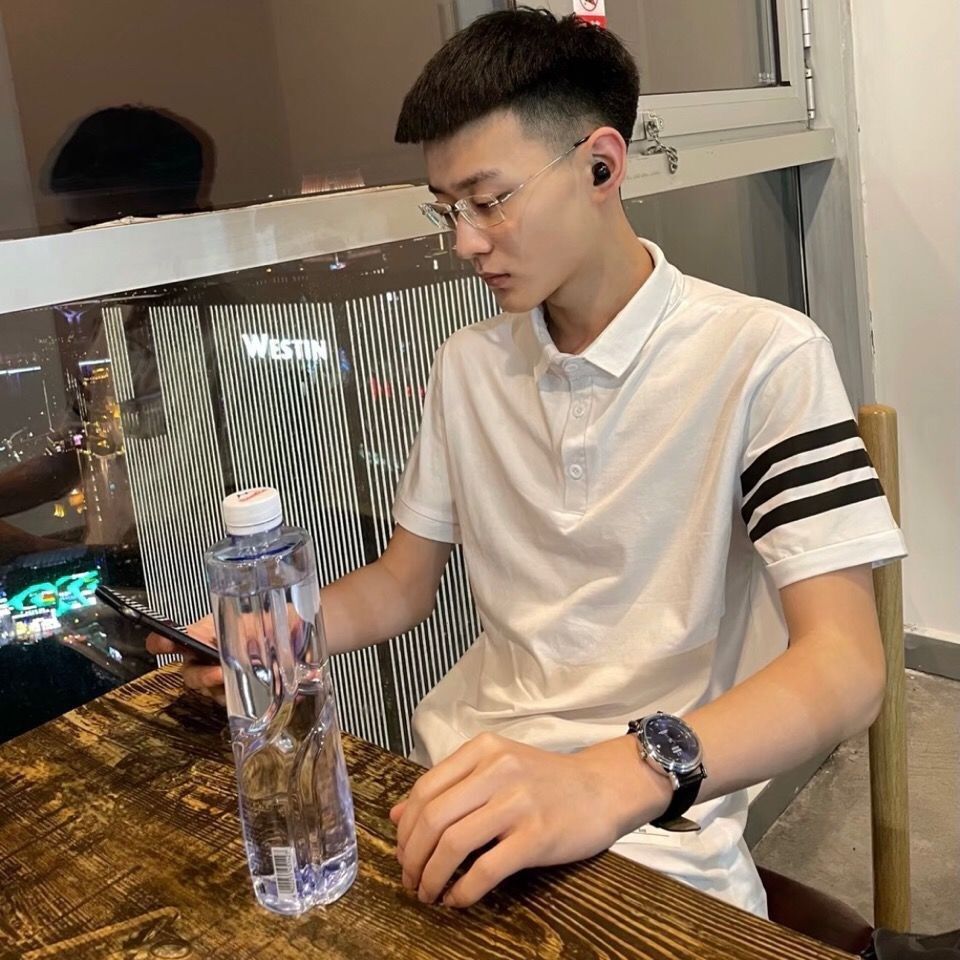 轻熟男士三道杠翻领短袖Polo衫百搭休闲韩版修身夏季半截袖保罗衣