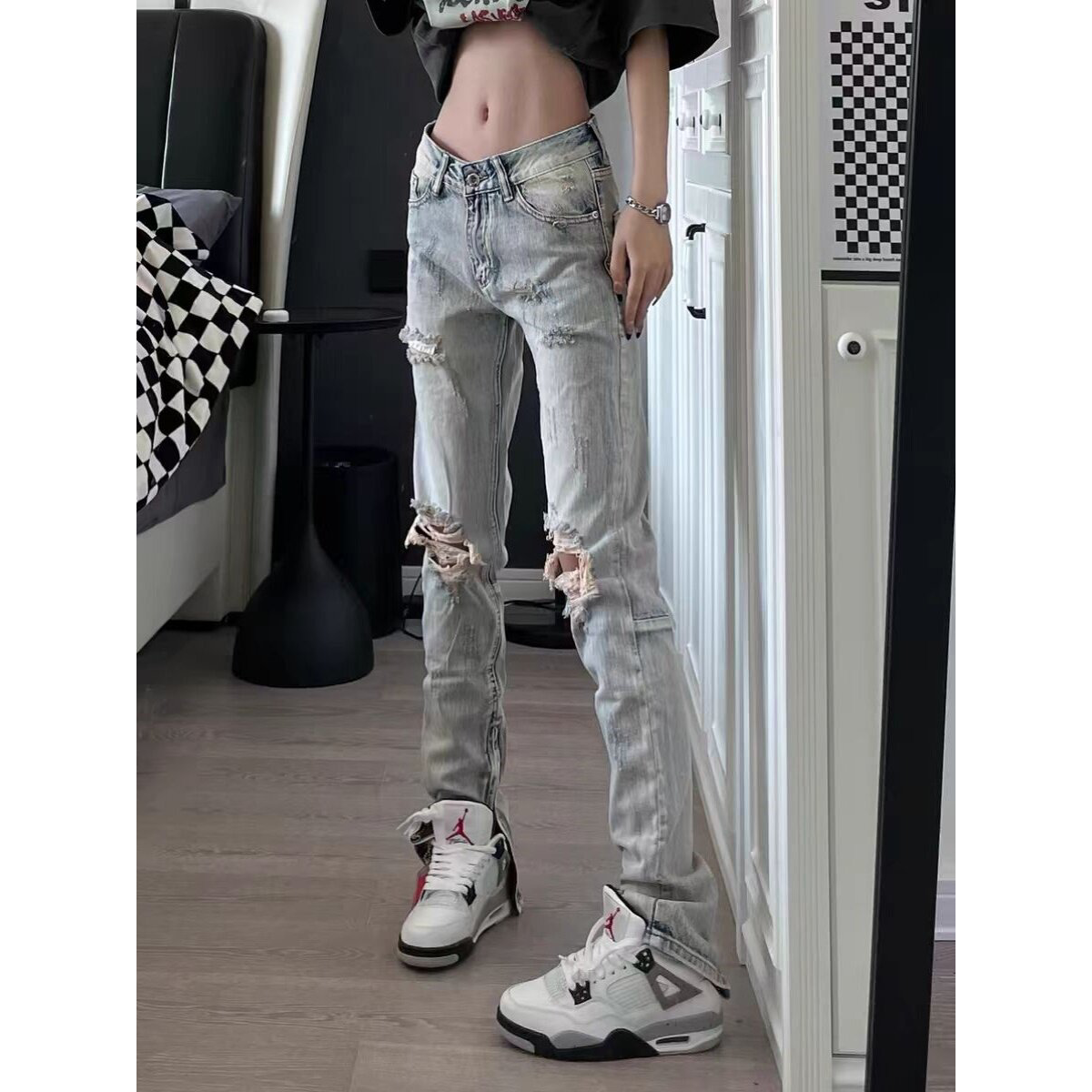美式高街膝盖破洞牛仔裤男女修身牛仔裤