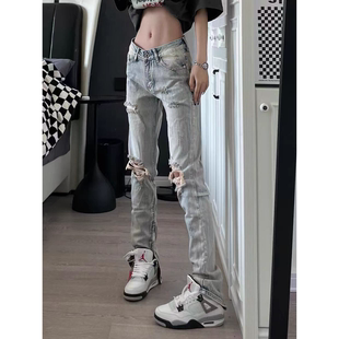 美式高街膝盖破洞牛仔裤男女修身小脚拉链裤显瘦嘻哈拖地裤子潮牌