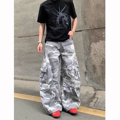 美式复古街头奶白迷彩工装裤男女宽松弯刀baggy百搭阔腿休闲长裤