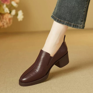 真皮羊皮深口一脚蹬小皮鞋女2025新款秋季粗跟高跟单鞋乐福鞋软底
