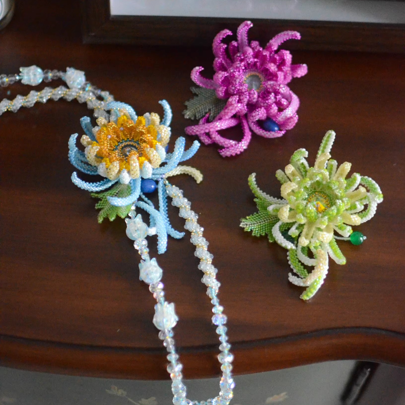 金丝菊花串珠毛衣链胸针两用手工串珠教程材料包