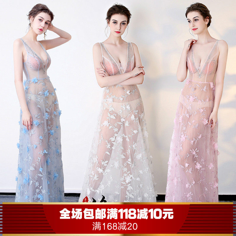 2021新款性感夜店夜场演出服年会礼服蕾丝浅粉色无袖连衣裙