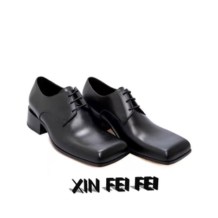 男女同款鞋头微翘系绳舒适皮鞋2024男士大码厚方头手工深口鞋