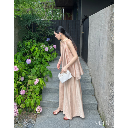 ALIN【秋山渡】醋酸抽褶无袖衬衫女夏不规则挂脖吊带背心AL6NSC15
