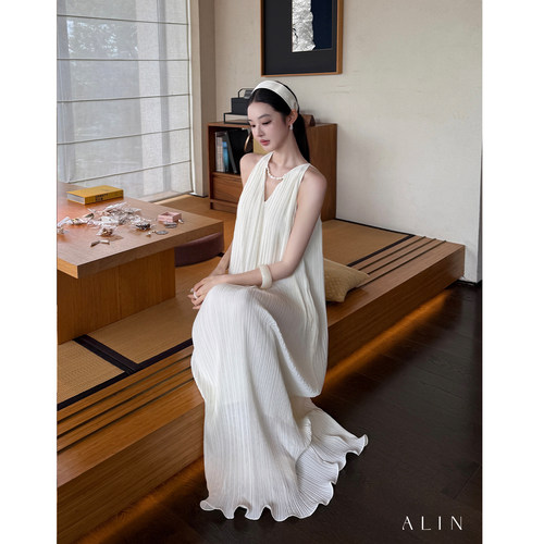 阿琳ALIN【巴洛克诗行】夏季V领气质连衣裙白色长款裙子