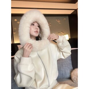 阿琳ALIN【玉桂融雪】宽松连帽毛领卫衣外套休闲长裤时尚套装女冬