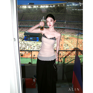 ALIN【月光缎影】夏蕾丝拼接纯欲辣妹吊带小衫修身抽褶上衣AL6NSB