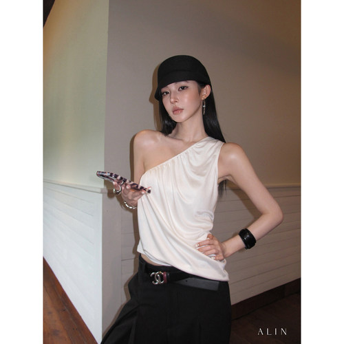 ALIN【月光集】醋纤侧边开叉不对称斜肩吊带背心女夏白色显瘦上衣