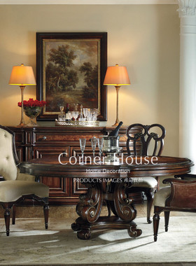 Corner House美式轻奢复古实木雕花圆餐桌hooker美国胡可进口餐桌