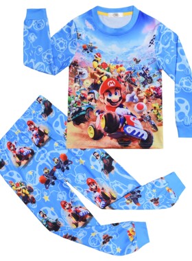 新款跨境长袖 超级马里奥卡通印花 中大童家居长袖+长裤套装81237