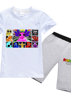 Roblox rainbow friends彩虹朋友100-170码儿童印花T恤+灰色短裤