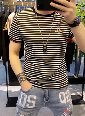欧货刺绣条纹短袖T恤男士ins潮牌修身2025夏季新款百搭圆领半截袖