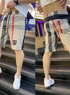 夏季冰丝薄款男士休闲短裤网红外穿潮流速干沙滩裤格子拼色五分裤
