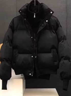 冬季2024新款韩版假两件设计痞帅纯色加厚立领棉衣男士休闲外套潮