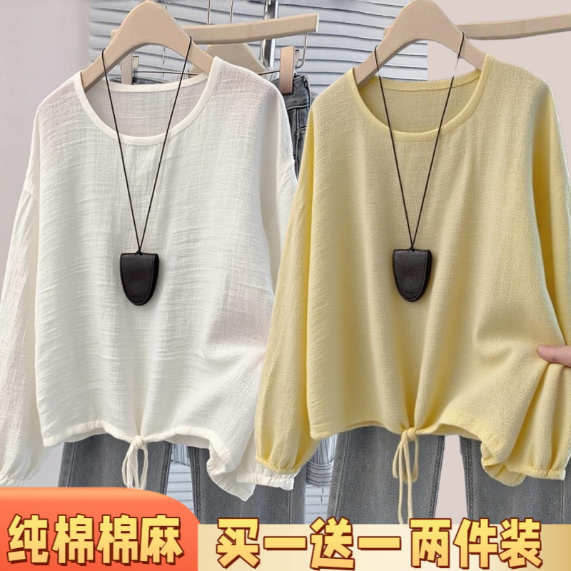 棉麻抽绳上衣清爽显瘦灯笼袖秋冬百搭时尚休闲纯色圆领韩版