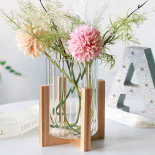 北欧简约木底座透明玻璃直筒花瓶水养鲜花家居摆件客厅插花装饰品