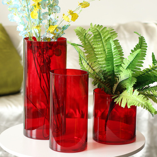 简约现代落地大红色玻璃直筒花瓶客厅大号富贵竹婚庆装饰405060cm