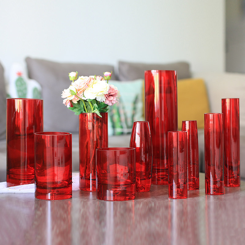大红色花瓶直筒大号富贵竹婚庆花瓶新婚婚房装饰摆件水培简约桌面