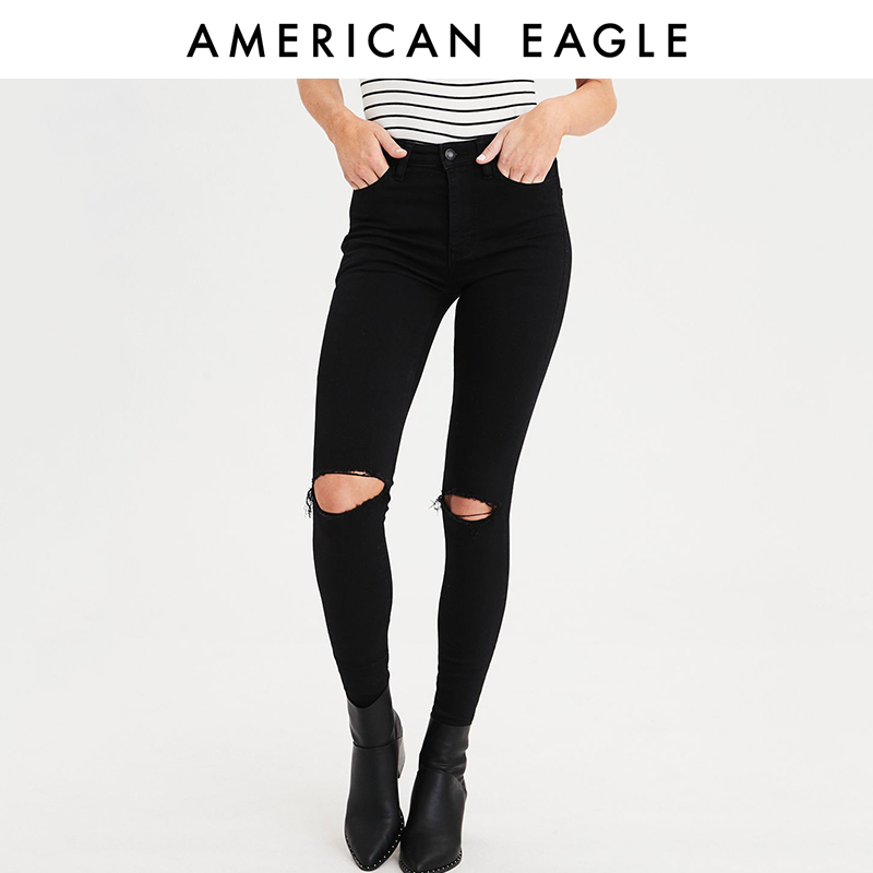 AEO黑色破洞牛仔裤女超高腰紧身小脚裤American Eagle 3435_1738