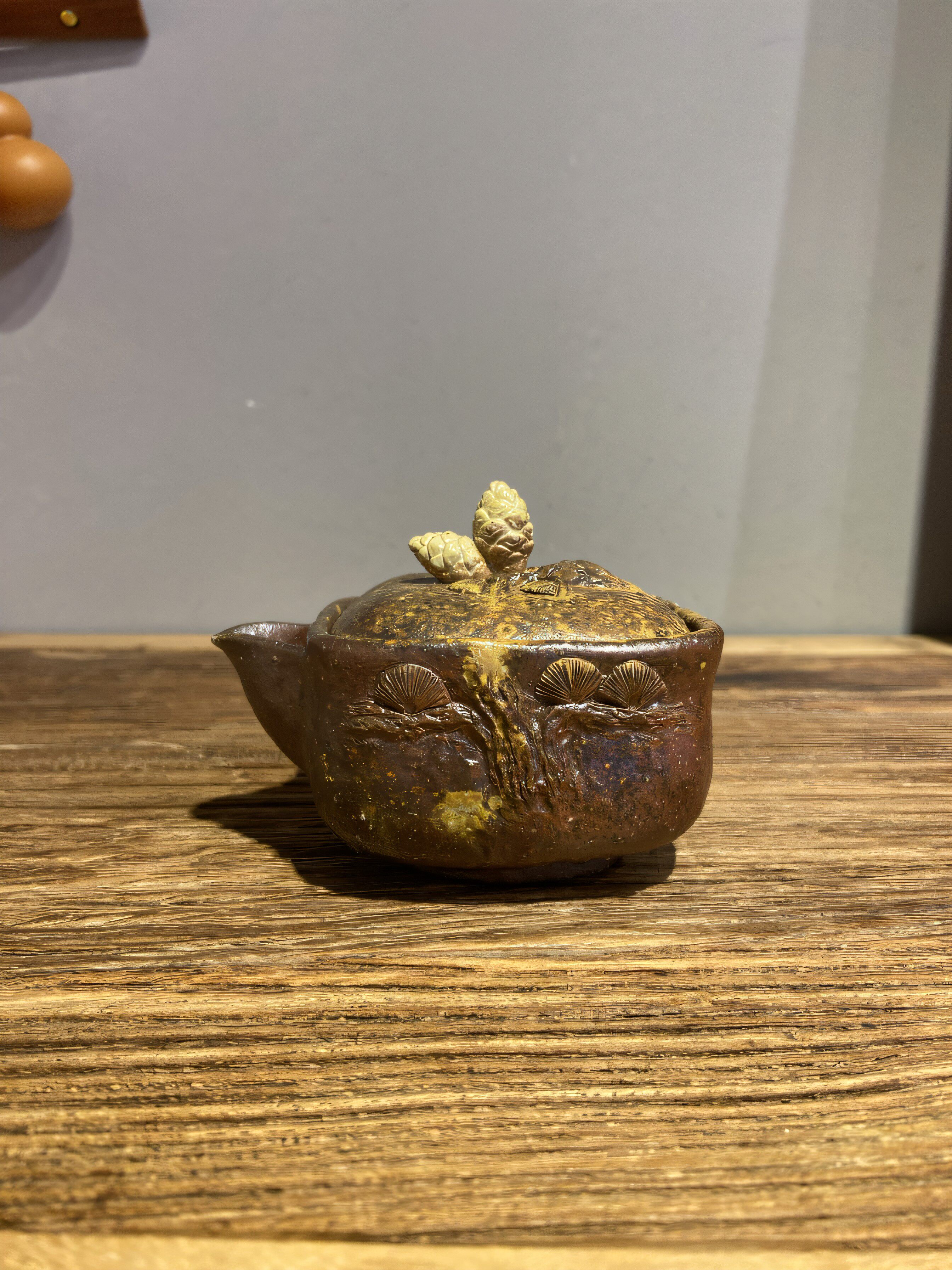 备前烧名家  森胁弘行  陶土南蛮侘寂风柴烧松果摘扭四方宝瓶泡茶