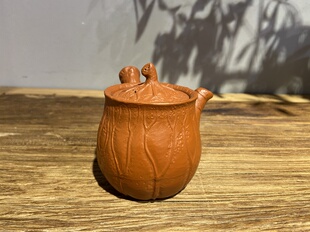 日本常滑烧已故巨匠杉江诚一木仙窑 老朱泥荷叶仿生壶侧把急须壶