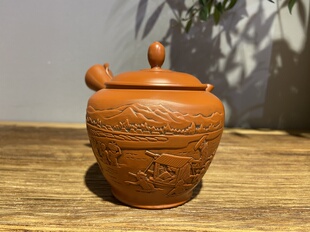 日本常滑烧已故名匠胜石&芳石50年前细朱泥雕刻东海道53次侧把壶