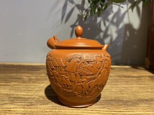 日本常滑烧已故名匠胜石&芳石50年前雕刻东海道53次侧把急须茶壶