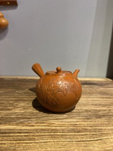 日本常滑烧已故名家 梅原玉堂作千羽拭老朱泥雕刻东海道53次急须