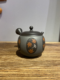 日本常滑烧已故名匠夏目雅仁20年前朱泥枫叶银杏叶日式 侧把泡茶壶