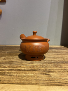 日本常滑烧已故名匠月荘作朱泥高台雕刻般若心经侧把急须泡茶壶