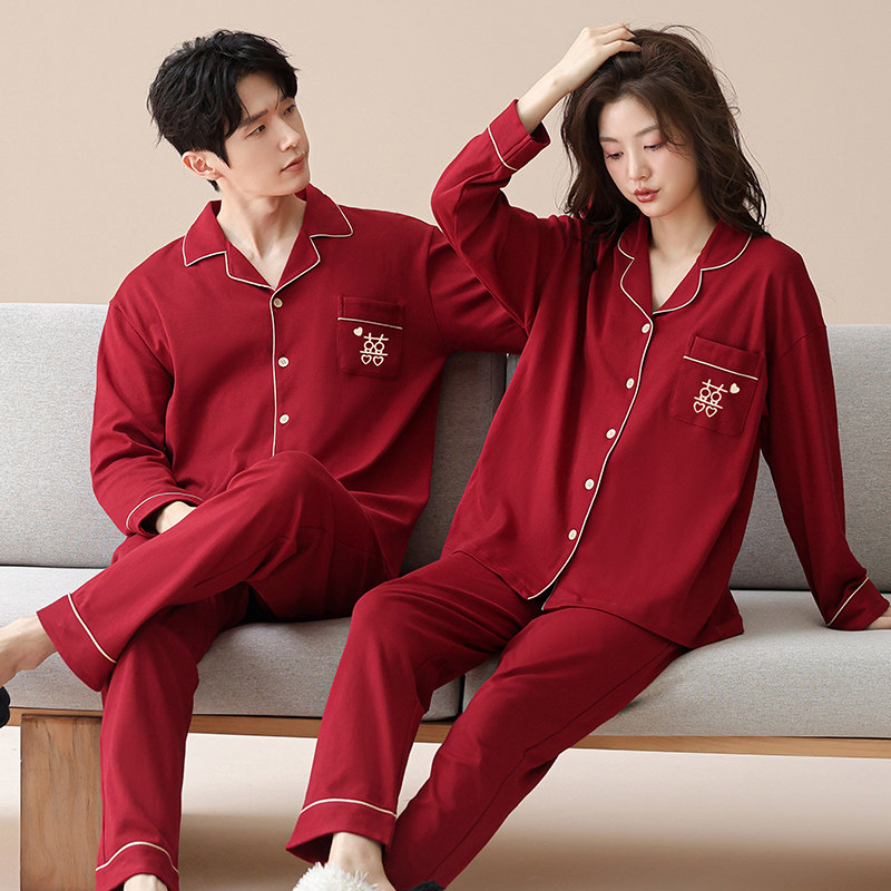 春秋情侣纯棉睡衣套装红色结婚本睡衣/家居服套装