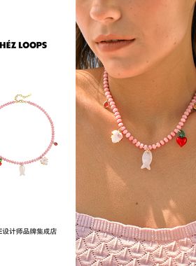 CHEZ LOOPS 珊瑚粉域串珠项链粉色复古原创设计度假饰品首饰高级