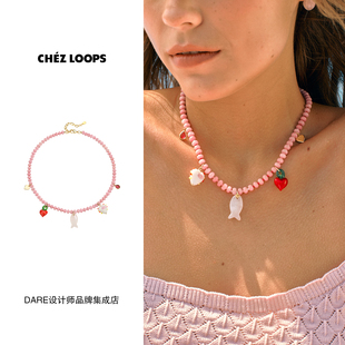 CHEZ 珊瑚粉域串珠项链粉色复古原创设计度假饰品首饰高级 LOOPS