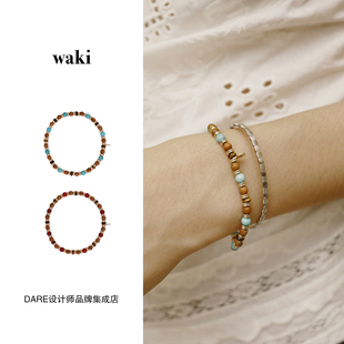 Dare买手店 巴厘檀木手串虎眼石原创设计串珠度假风金色复古 waki