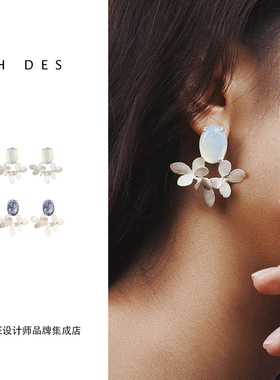 DARE买手店 HDES 纯银植物叶子天然石耳环女新中式设计感耳饰首饰