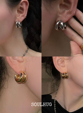 Dare买手店 soulhug 双圈耳环日常通勤小众圈圈金色复古耳饰原创
