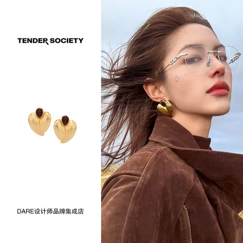 Dare买手店Tender society红虎眼石爱心叶型耳钉金色做旧时尚耳环