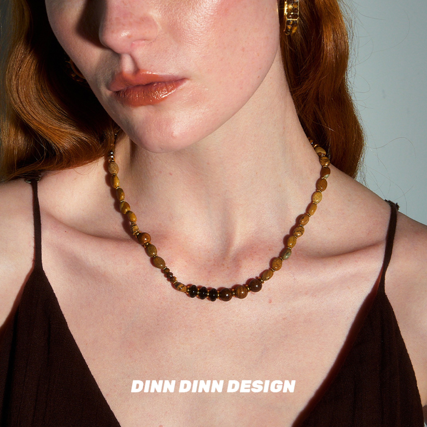 Dare买手店 DINN DINN DESIGN咖色木拼接画图石项链串珠原创小众