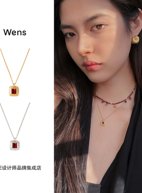 Wens Jewels 石榴石复古方石项链红色新年复古原创设计高级首饰