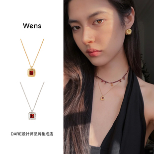 Wens Jewels 石榴石复古方石项链红色新年复古原创设计高级首饰