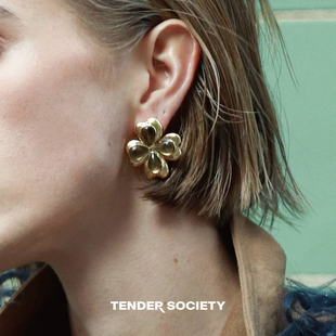 Dare买手店Tender society金色四叶草镶茶晶耳钉金色民族复古耳环