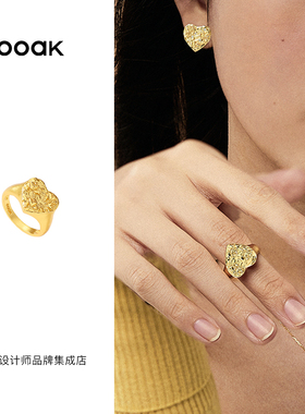 ooak 正品 微浮雕玫瑰爱心戒指金色饰品首饰原创设计