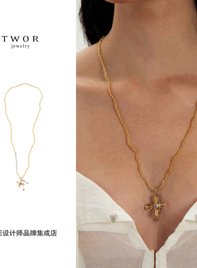 Dare买手店 TWOR正品十字花黄水晶长项链珍珠复古毛衣链秋冬新品
