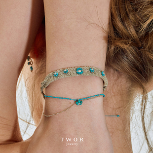 Dare买手店 TWOR正品绿松石编织宽手链手工编织原创设计精致925银