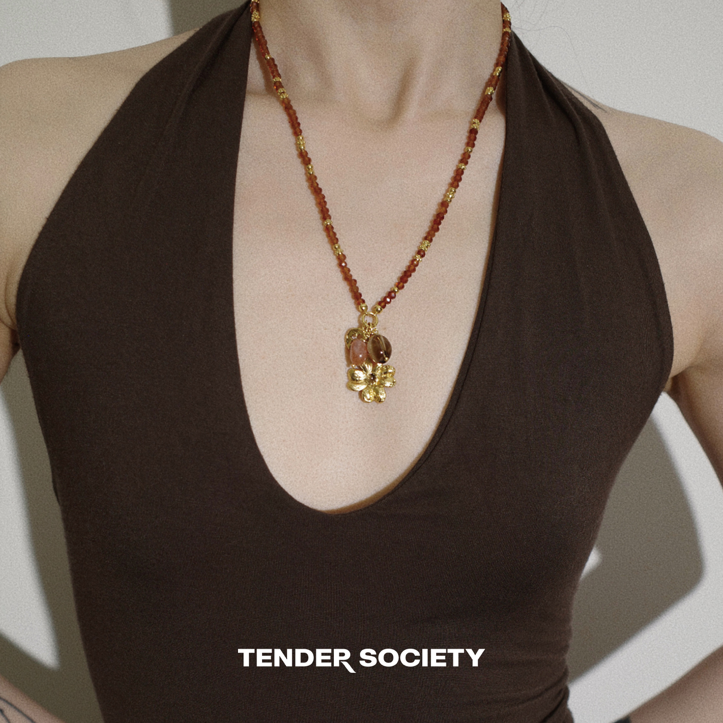 Dare买手店Tender society四叶草多吊坠橙石榴石串珠项链原创首饰