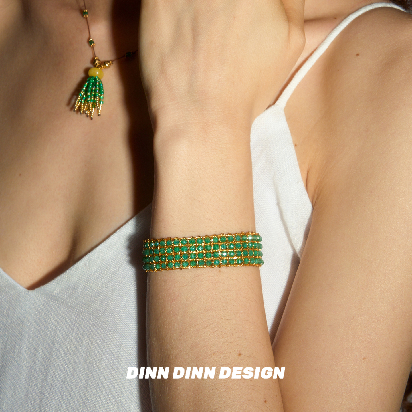 Dare买手店DINN DINN DESIGN绿色珠珠纯手工编织宽版手链度假民族